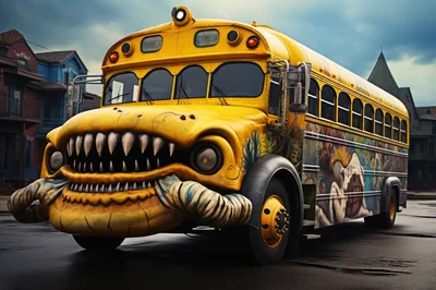 Surreal Monster School Bus With Sharp Teeth