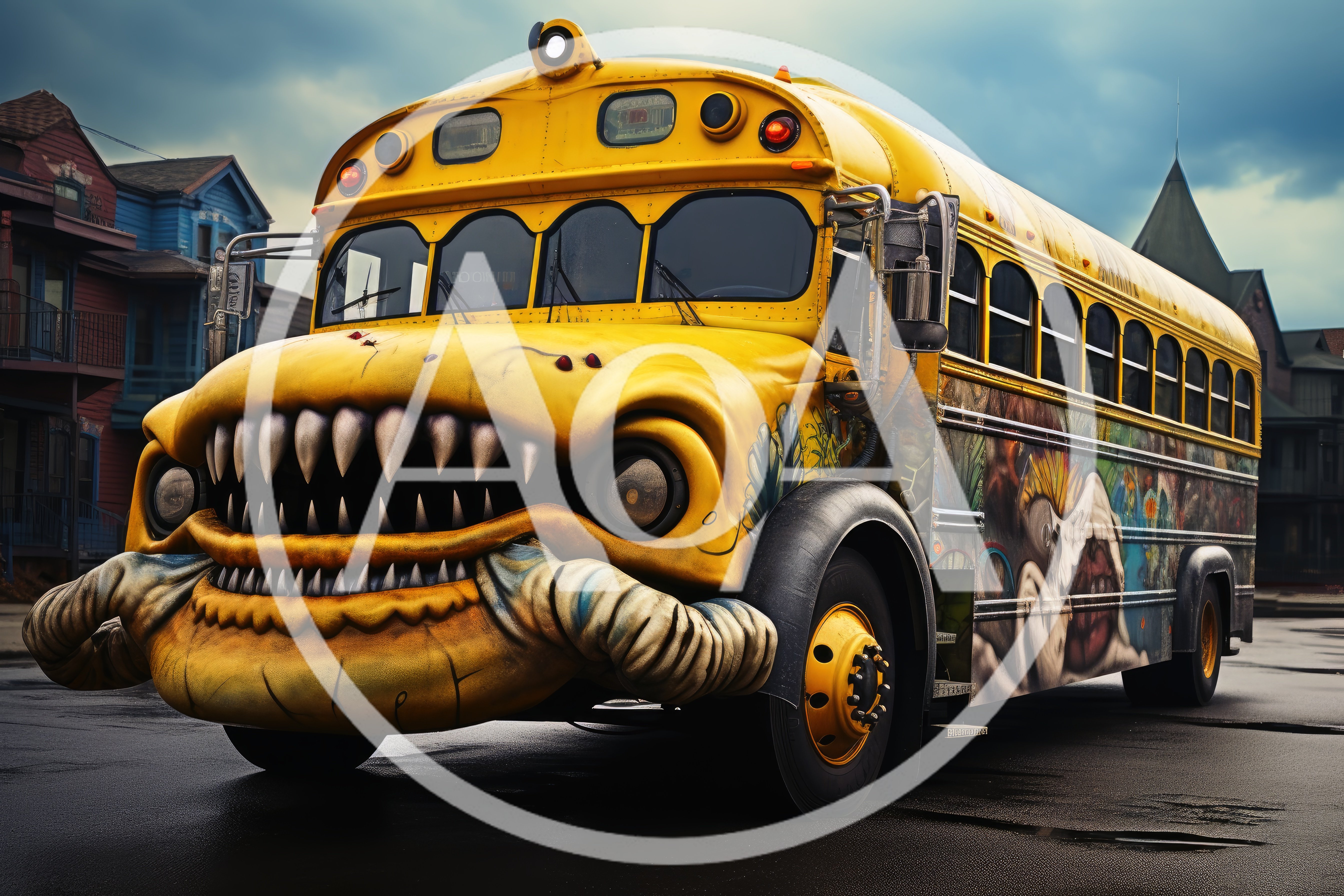 Surreal Monster School Bus With Sharp Teeth