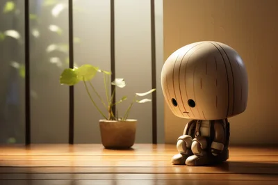 Sad Wooden Robot Figurine Sitting By A Window