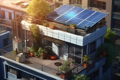 Modern Rooftop Terrace With Solar Panels And Greenery