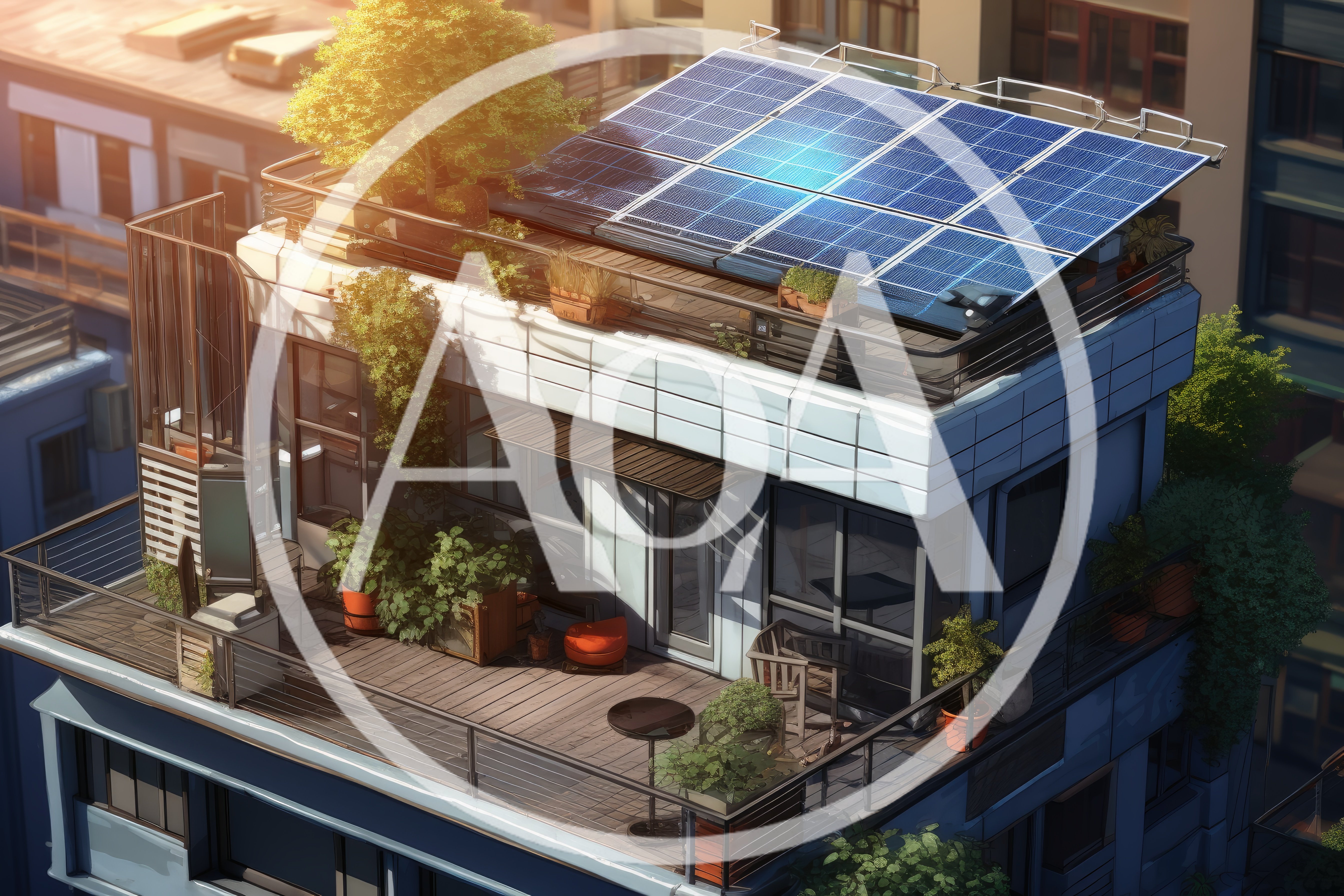 Modern Rooftop Terrace With Solar Panels And Greenery