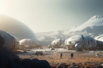 Astronauts Walking Near Futuristic Research Base On Mars