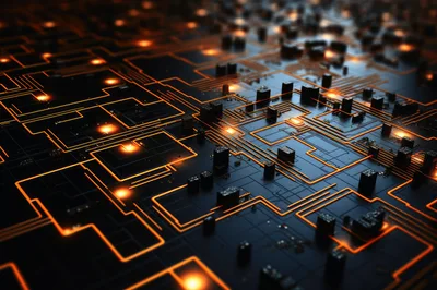 Abstract Digital Circuit Board With Glowing Orange Data Paths