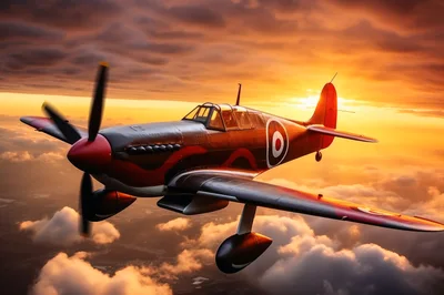 Vintage Hawker Hurricane Fighter Plane Flying At Sunset