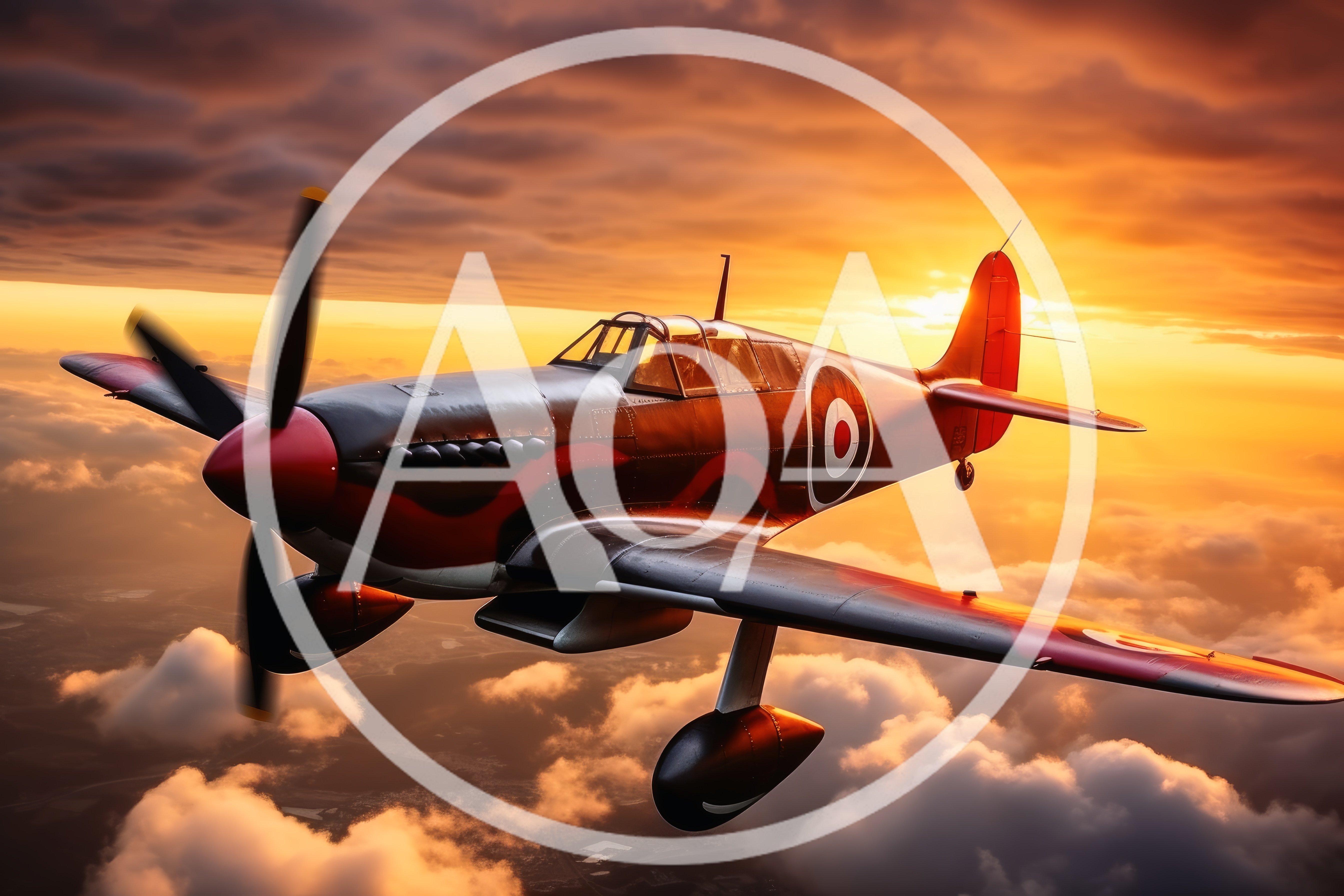Vintage Hawker Hurricane Fighter Plane Flying At Sunset