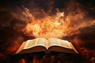 Open Book With Magical Fire Erupting From Pages