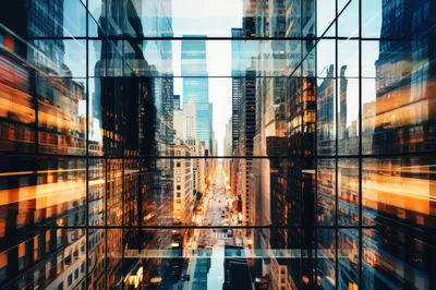 City Street View Through Reflective Glass Windows