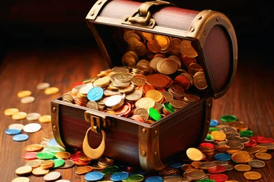 Open Wooden Treasure Chest Filled With Gold Coins