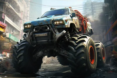 Post-Apocalyptic Monster Truck Driving Through Ruined City