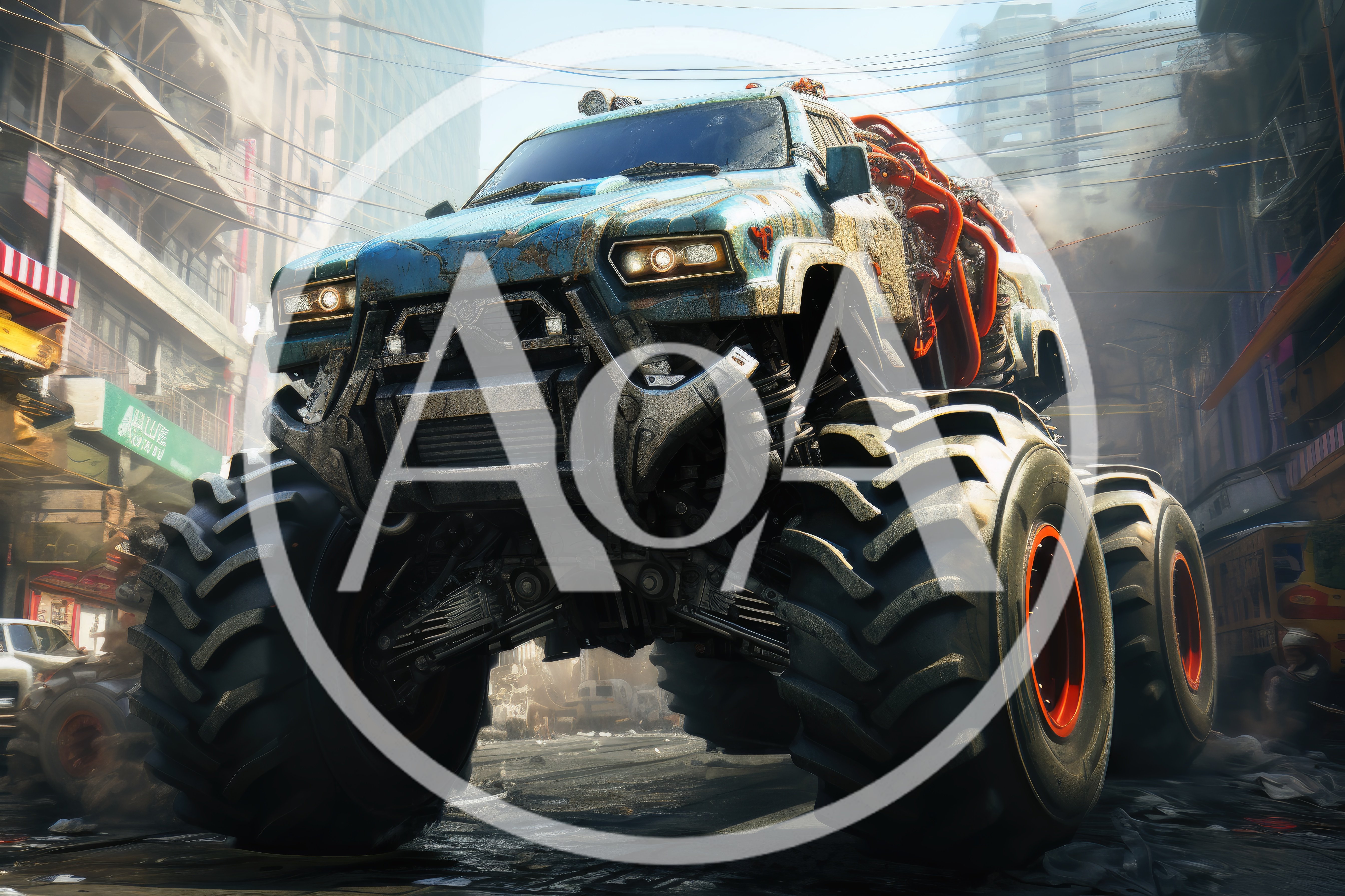 Post-Apocalyptic Monster Truck Driving Through Ruined City