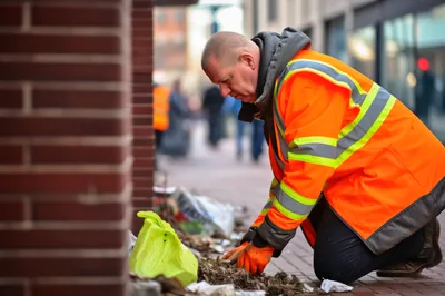 Construction Worker Cleaning Debris From City Sidewalk