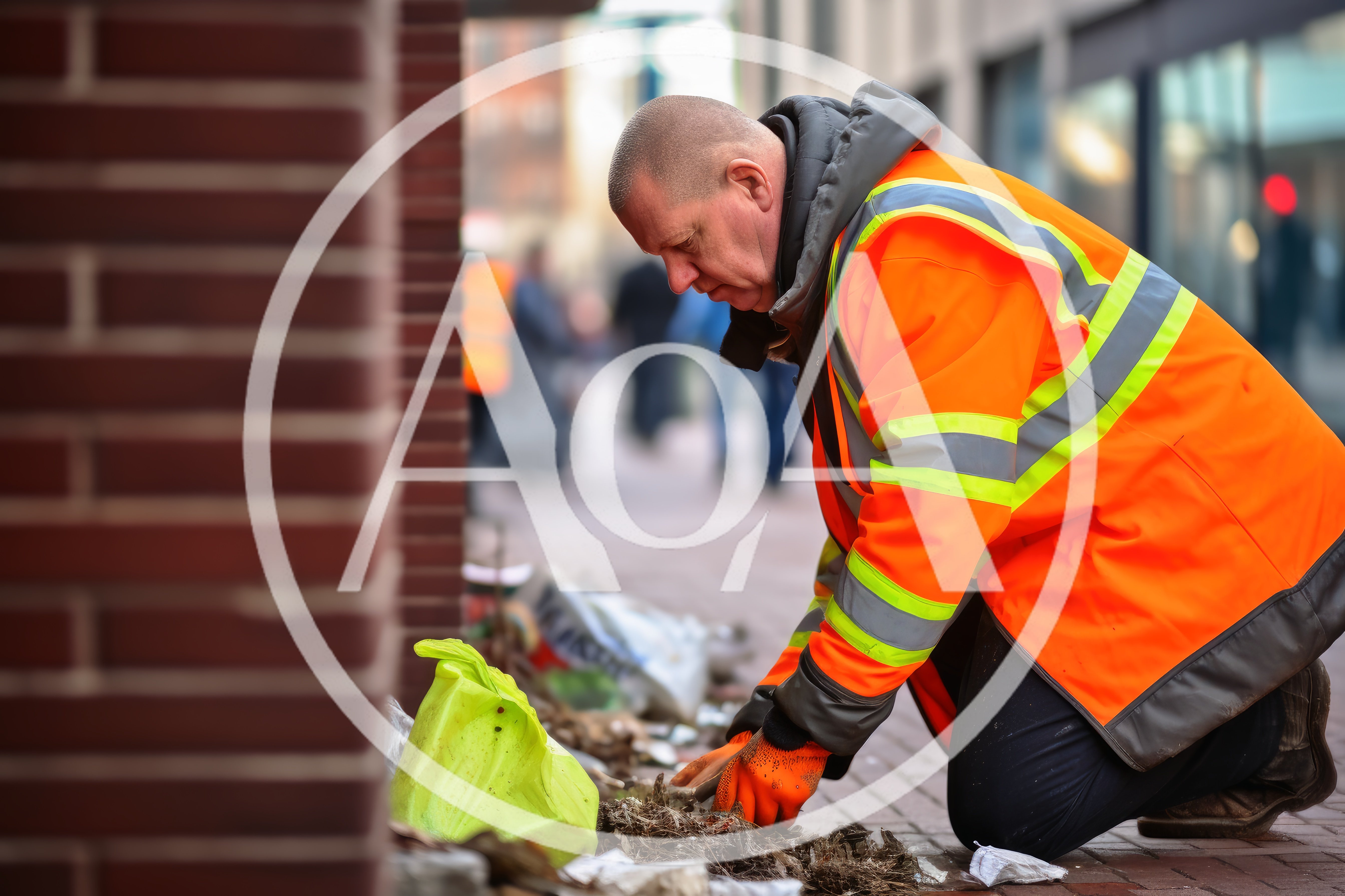 Construction Worker Cleaning Debris From City Sidewalk