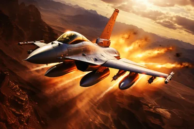 F-16 Fighting Falcon Flying Over Desert Landscape