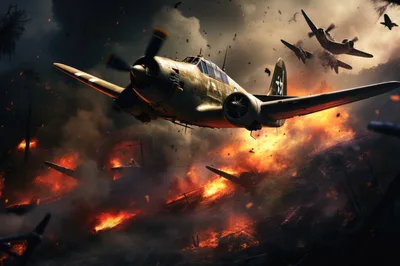 World War II Aircraft Flying Over Burning Battlefield