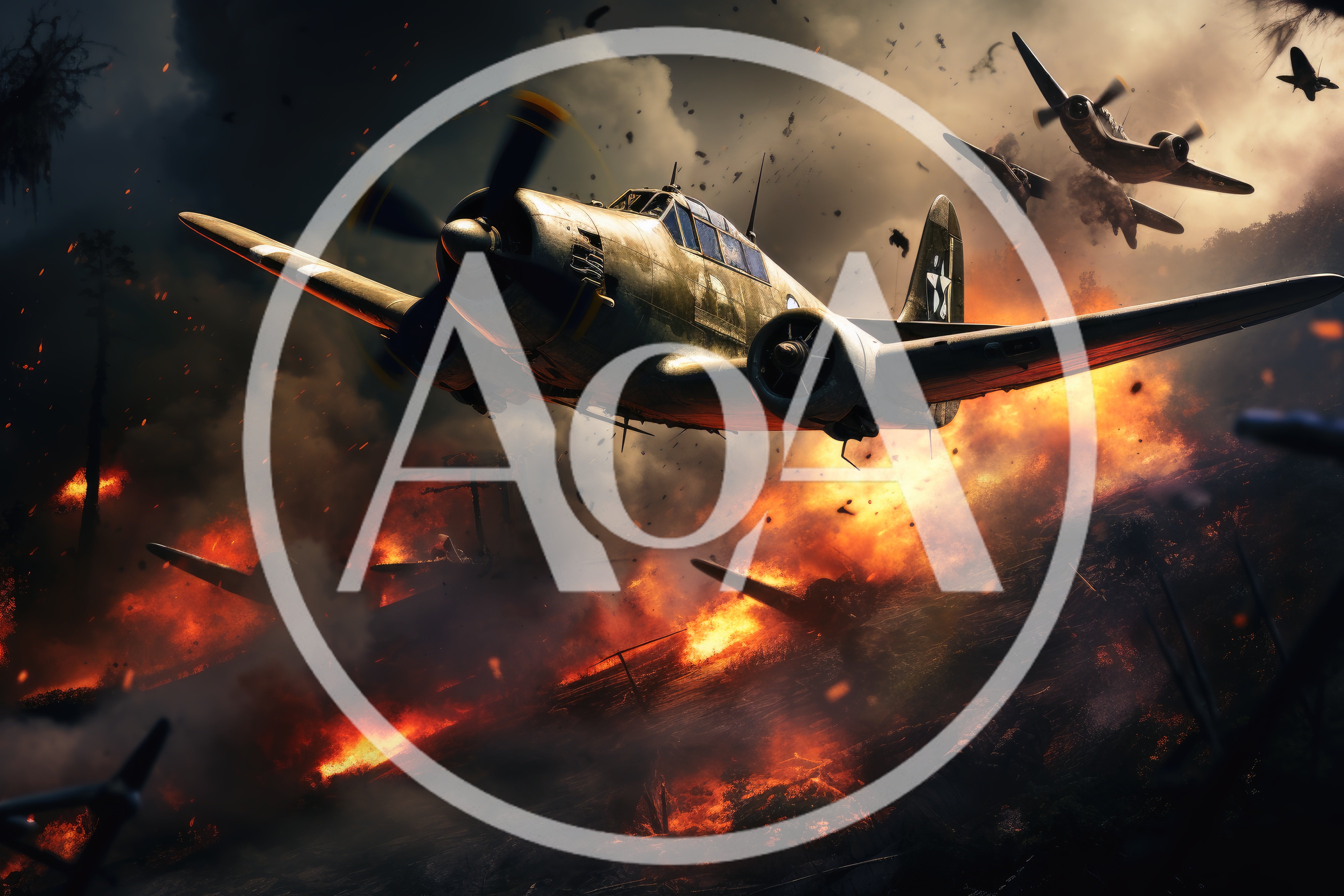 World War II Aircraft Flying Over Burning Battlefield