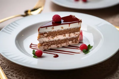 Slice of Layered Chocolate Raspberry Cake on White Plate