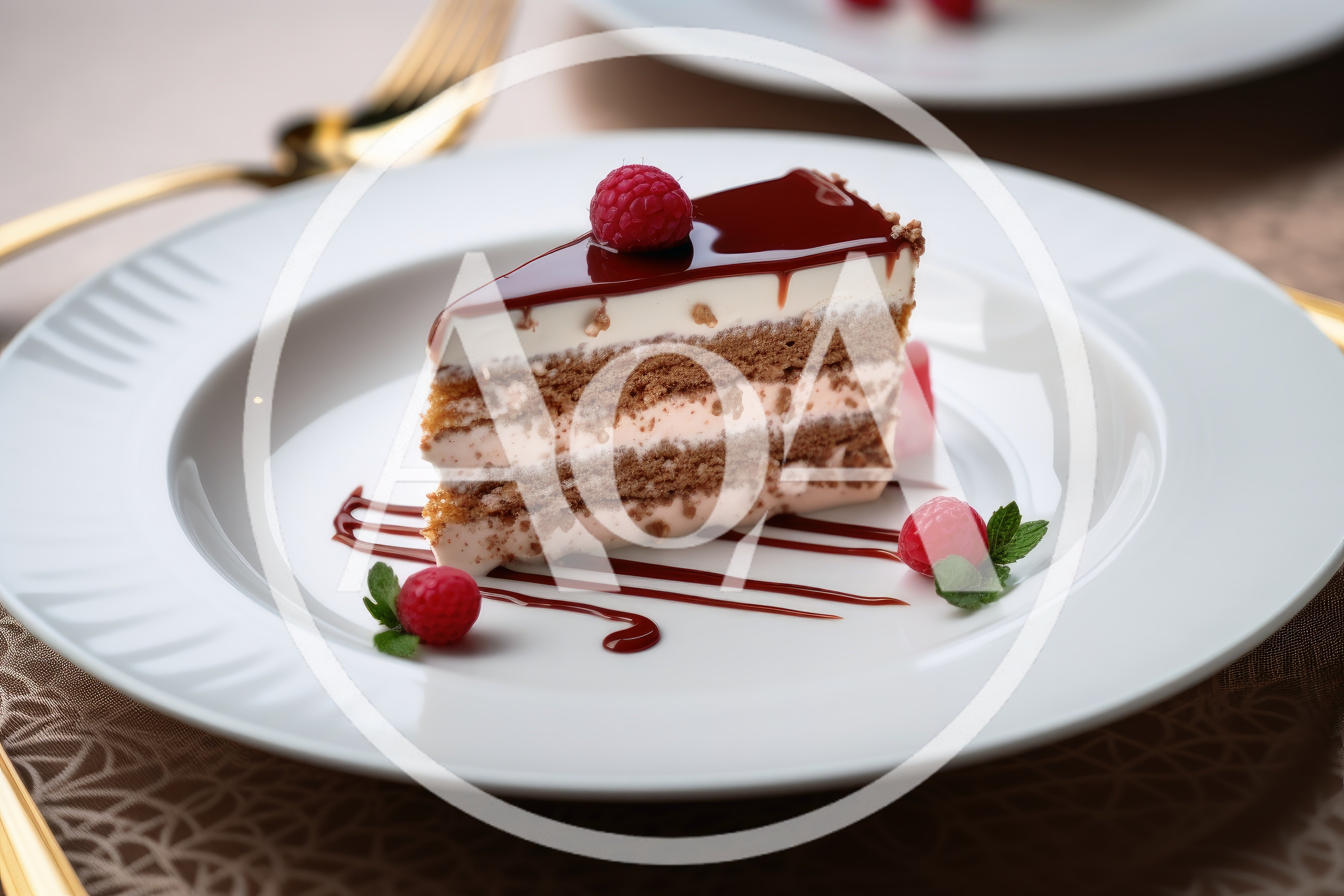 Slice of Layered Chocolate Raspberry Cake on White Plate
