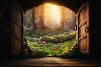 Open Wooden Doorway To A Magical Enchanted Forest