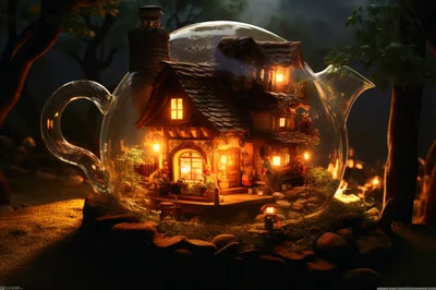 Miniature Cottage Inside A Glass Teapot