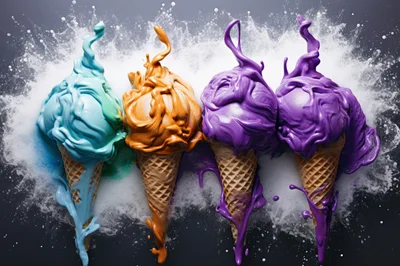 Four Vibrant Melting Ice Cream Cones On Powdered Surface