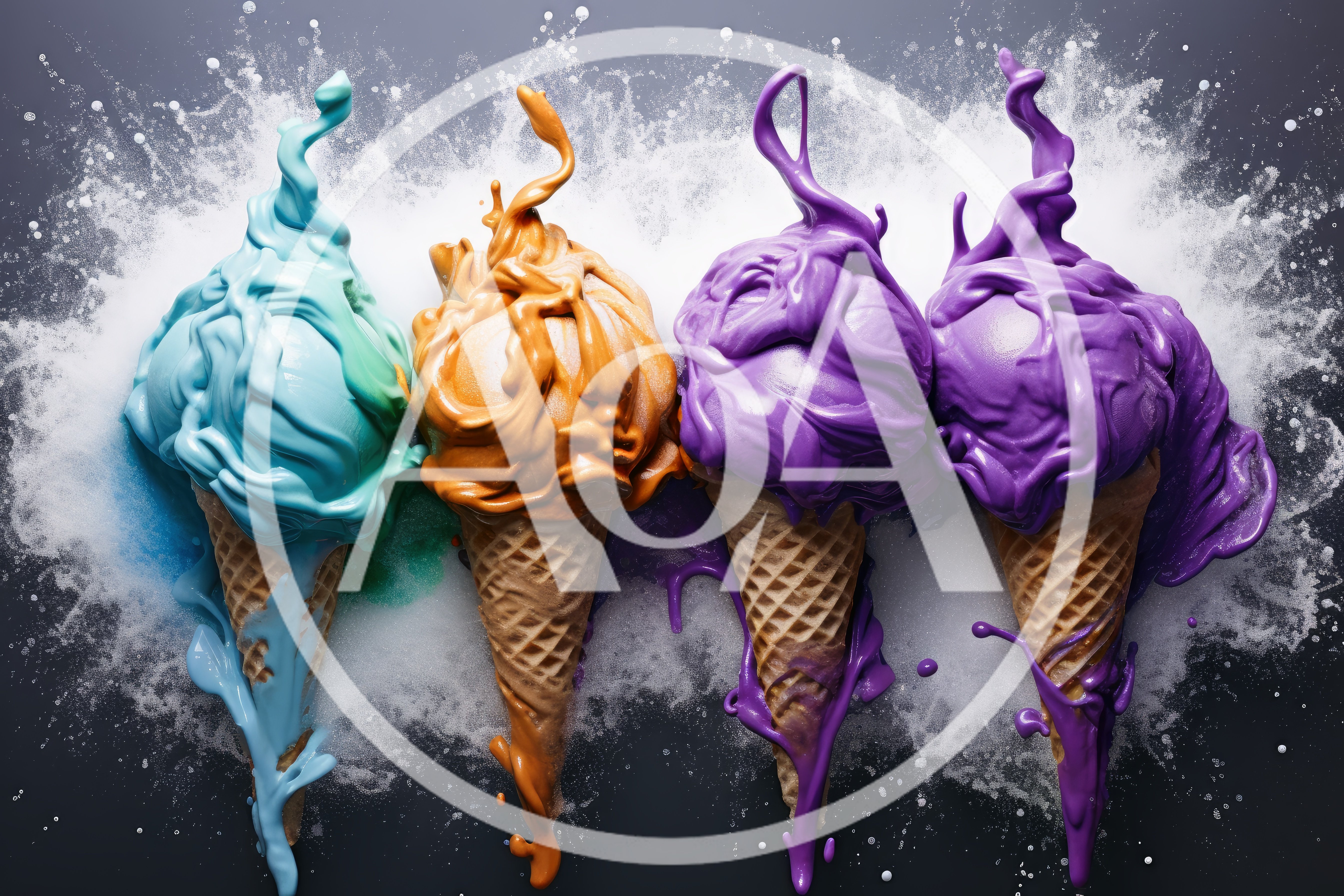 Four Vibrant Melting Ice Cream Cones On Powdered Surface