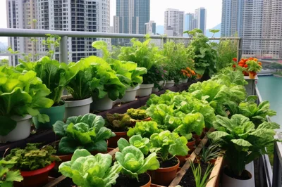 Urban Balcony Vegetable Garden With City Skyline View