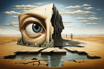Surreal Giant Eye Sculpture In A Desert Landscape