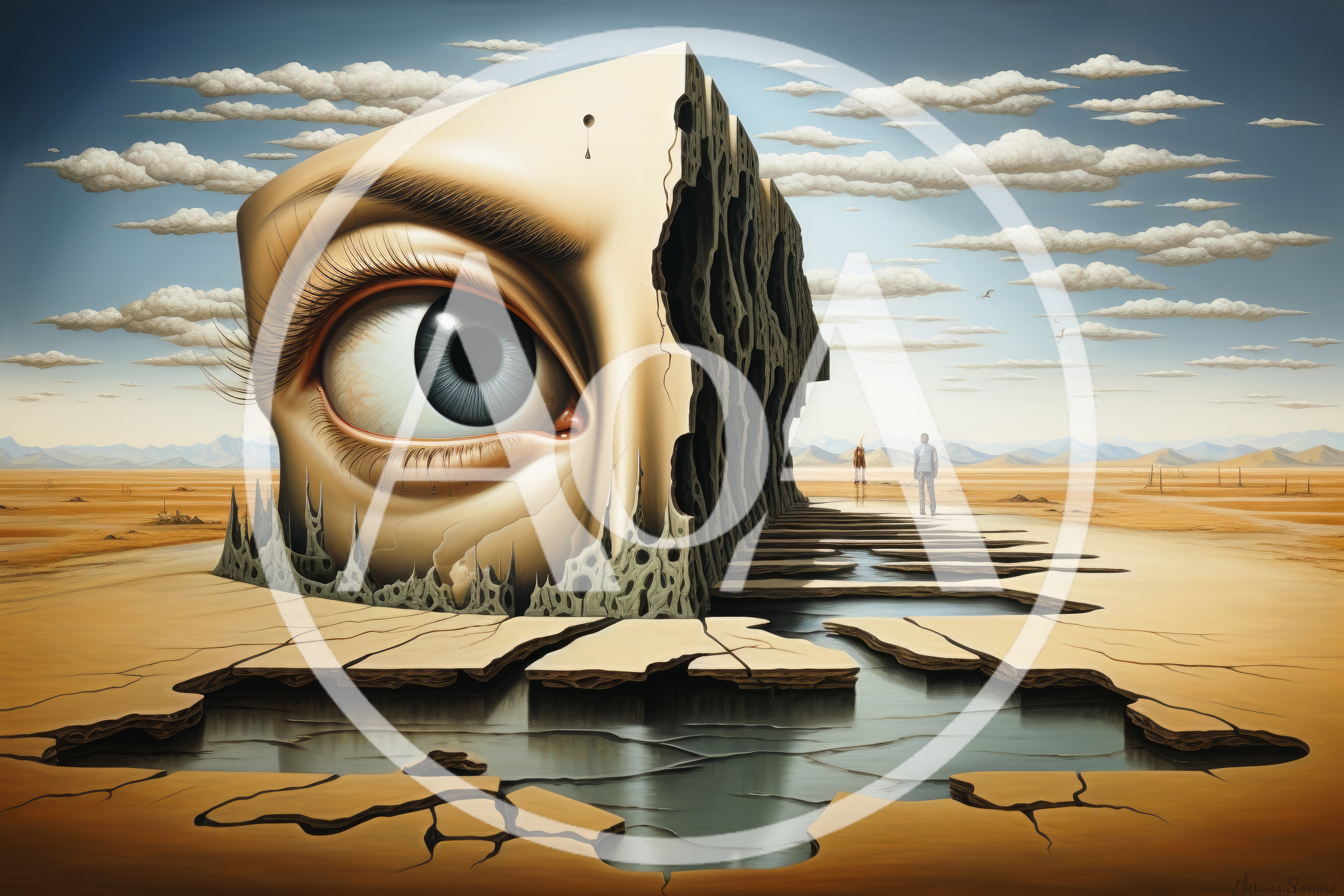 Surreal Giant Eye Sculpture In A Desert Landscape