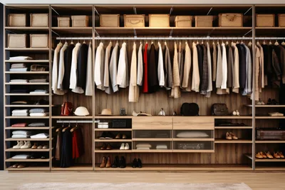 Modern Walk In Closet With Organized Clothing And Accessories