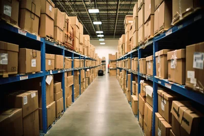 Warehouse Aisle With Rows Of Cardboard Storage Boxes