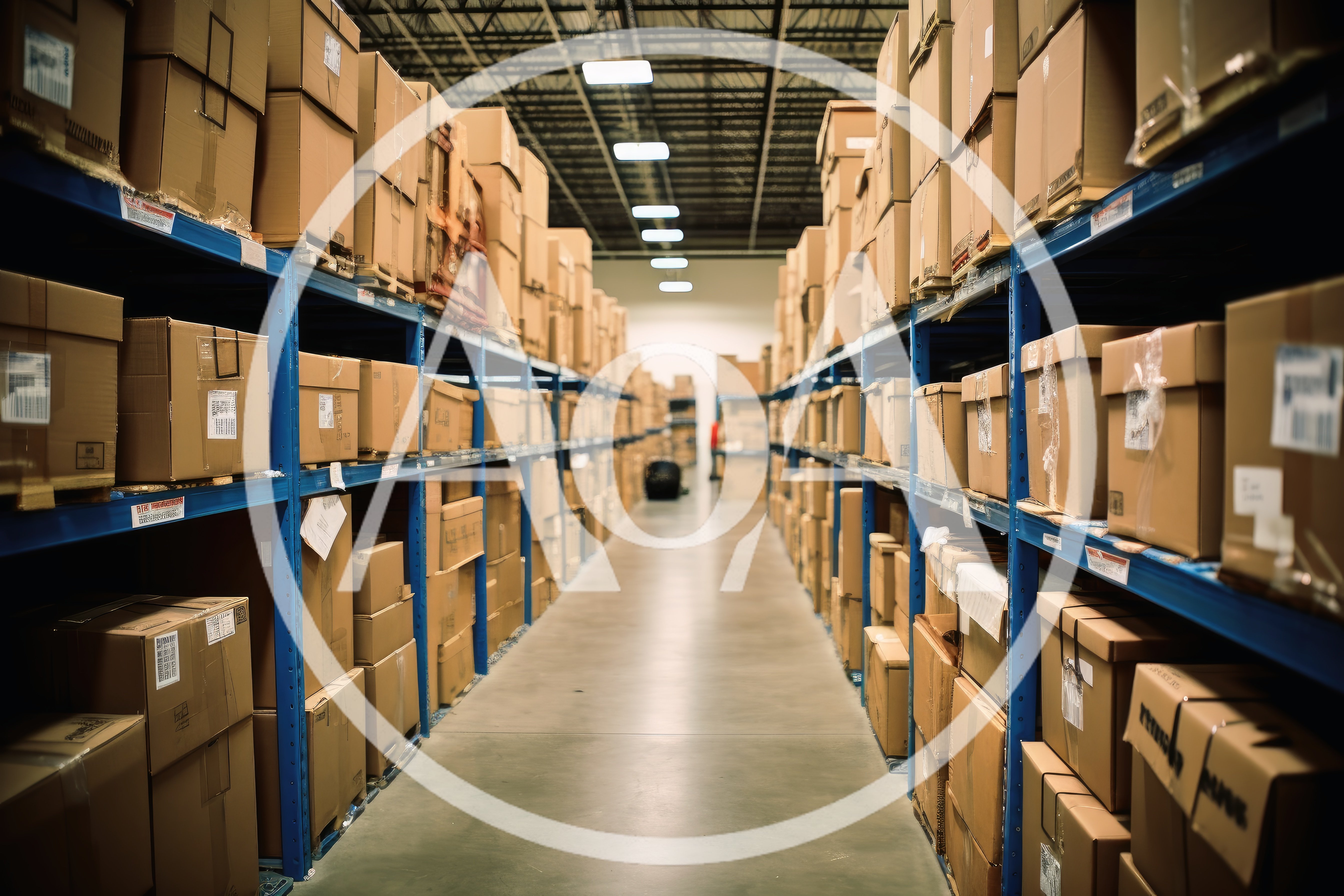 Warehouse Aisle With Rows Of Cardboard Storage Boxes