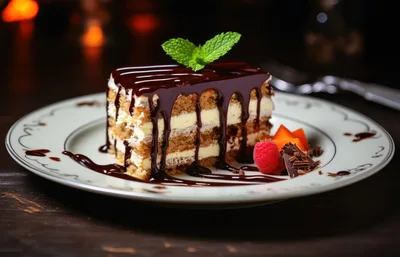 Gourmet Tiramisu Slice With Chocolate Drizzle