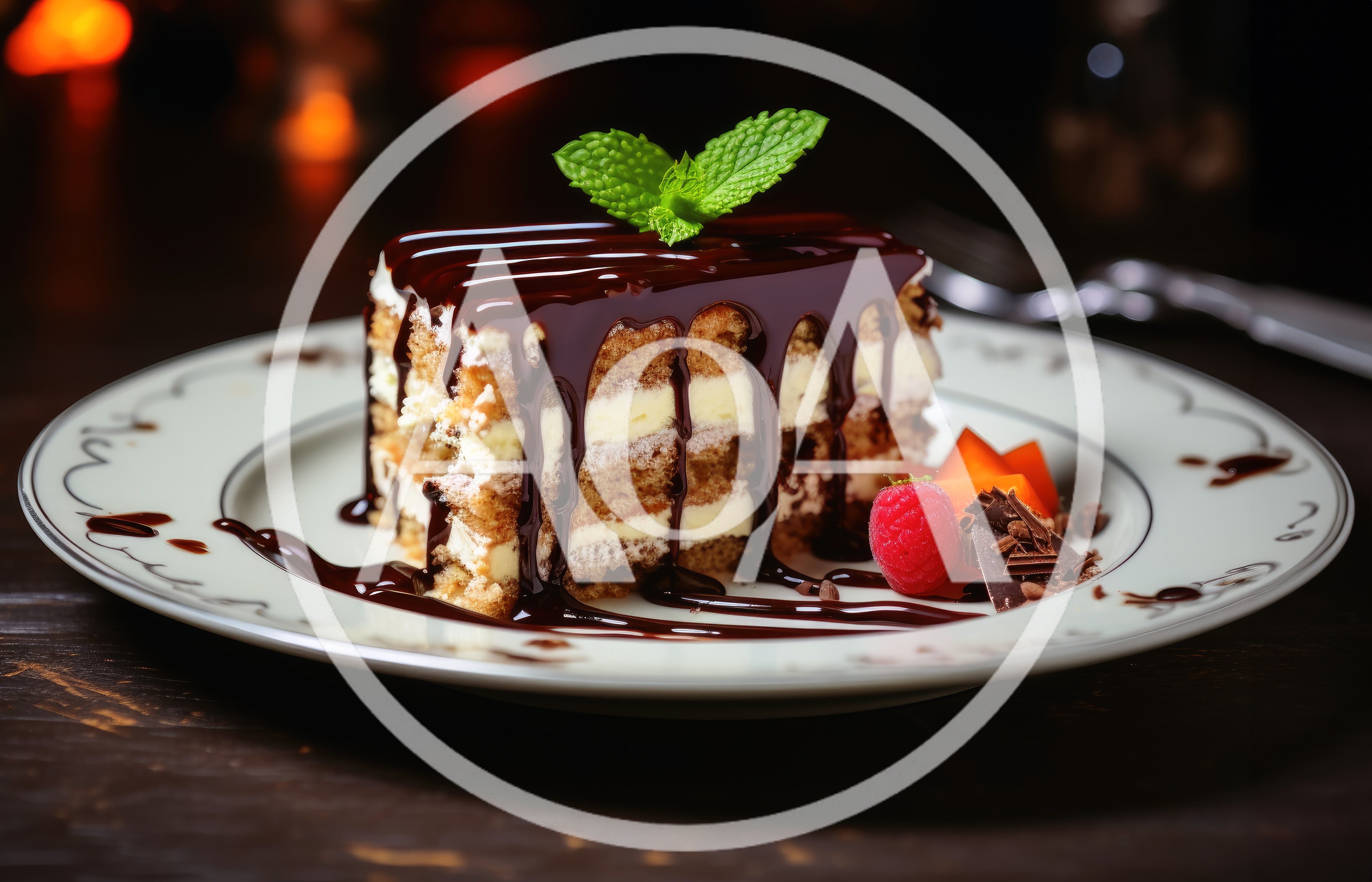 Gourmet Tiramisu Slice With Chocolate Drizzle