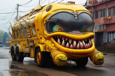 Surreal Monster Bus Driving On City Street
