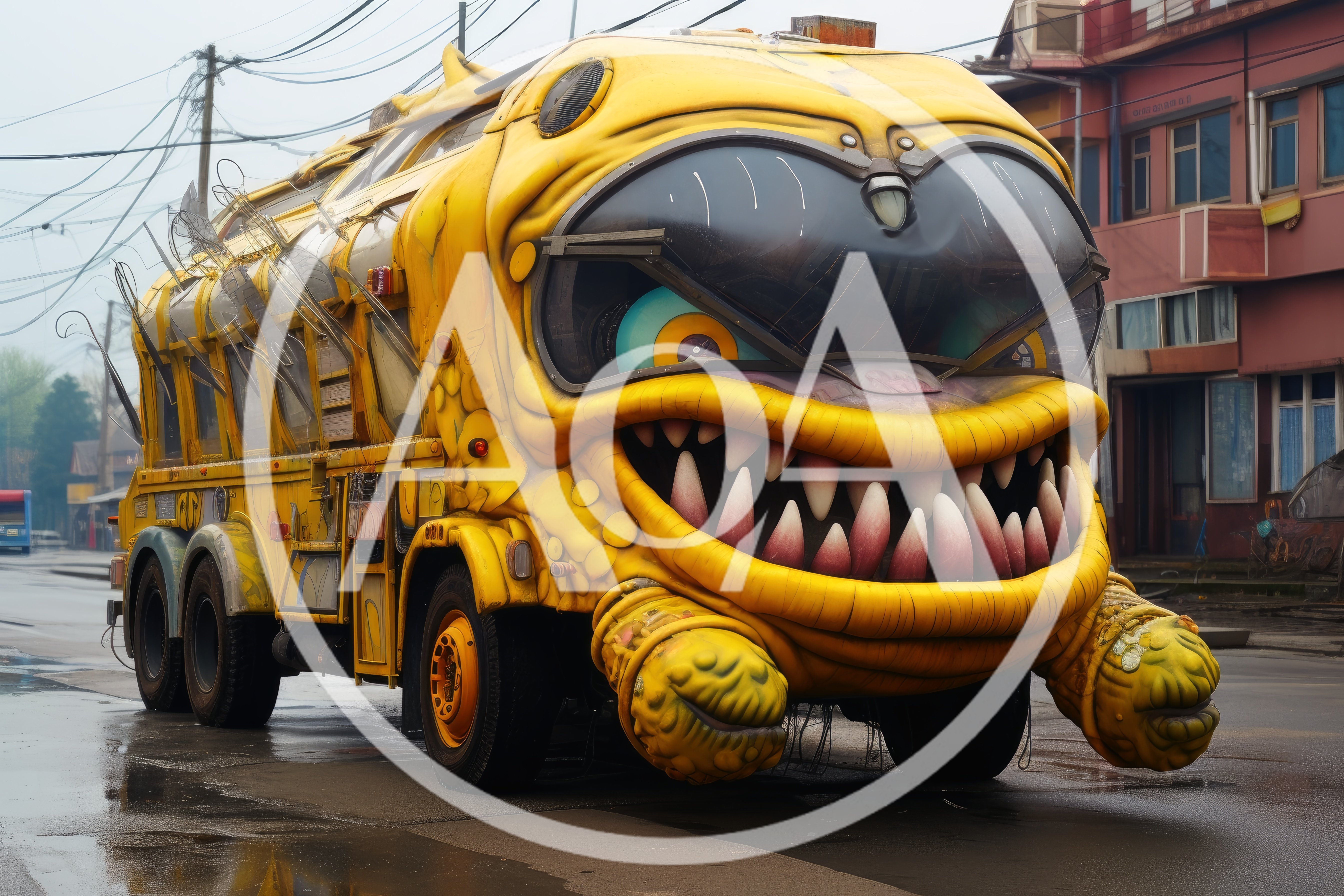 Surreal Monster Bus Driving On City Street
