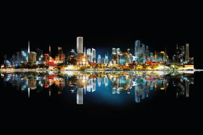 Panoramic Night Skyline Reflection of Modern City