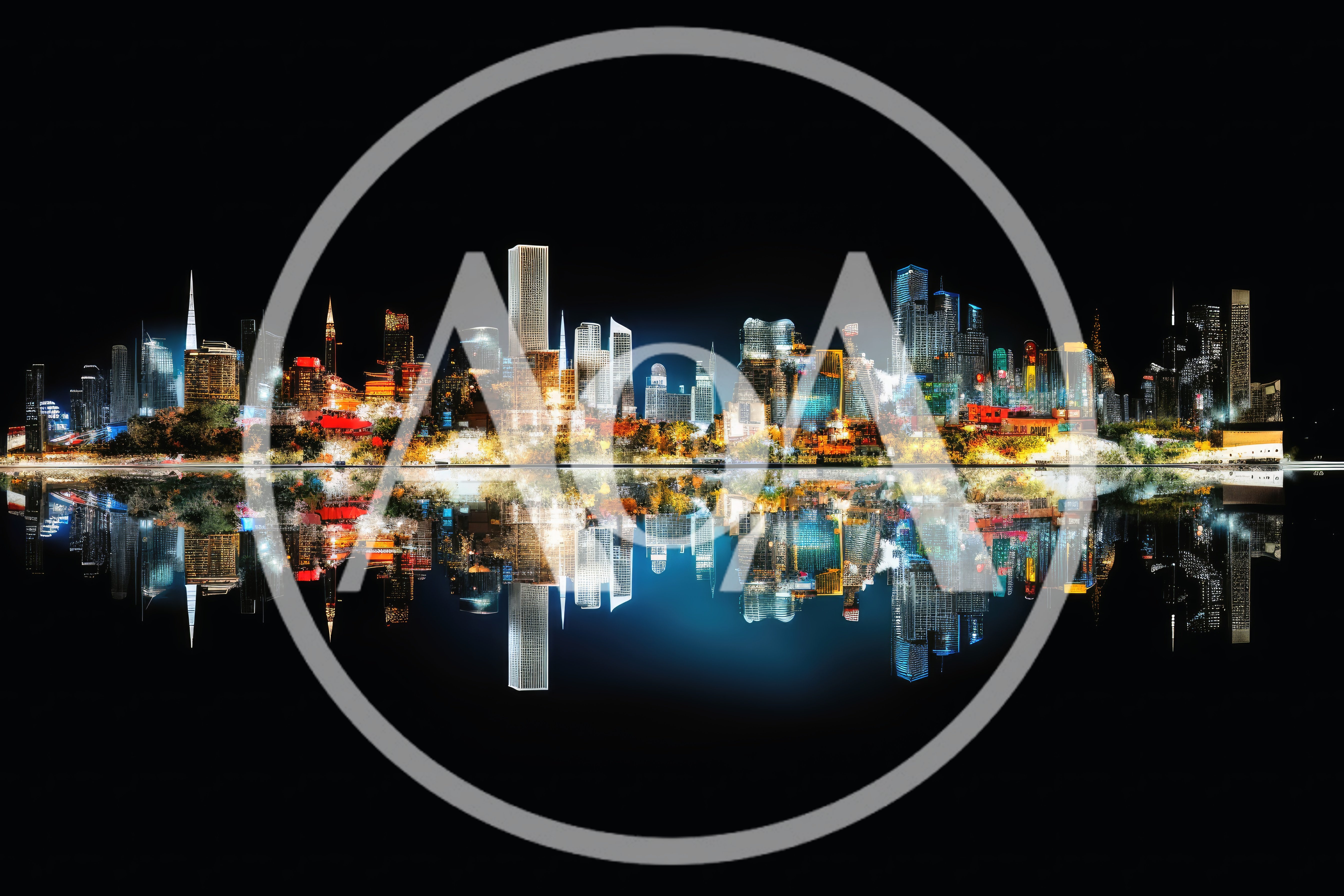 Panoramic Night Skyline Reflection of Modern City