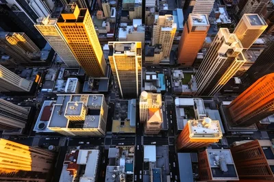 Aerial View Of Downtown City Skyscrapers At Sunset