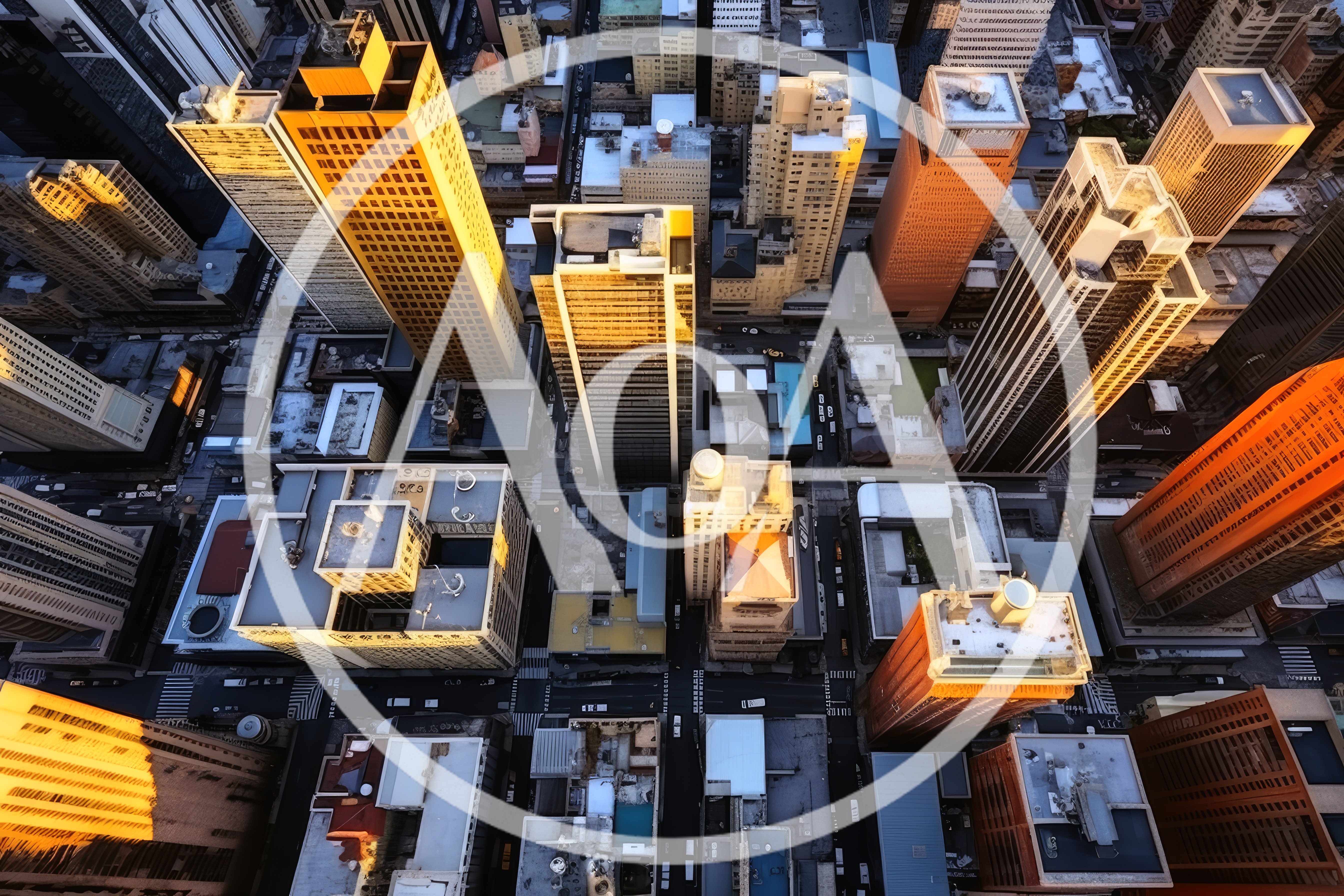 Aerial View Of Downtown City Skyscrapers At Sunset