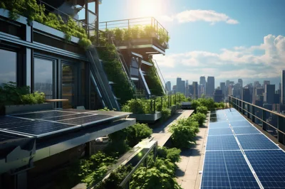 Modern Sustainable Skyscraper Rooftop Garden With Solar Panels