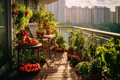 Urban Balcony Garden With Freshly Harvested Tomatoes