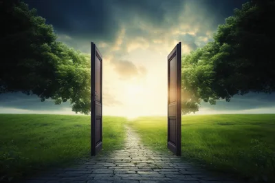 Open Wooden Doors Leading To A Sunny Meadow