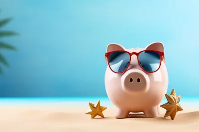 Piggy Bank Wearing Sunglasses On A Sandy Beach