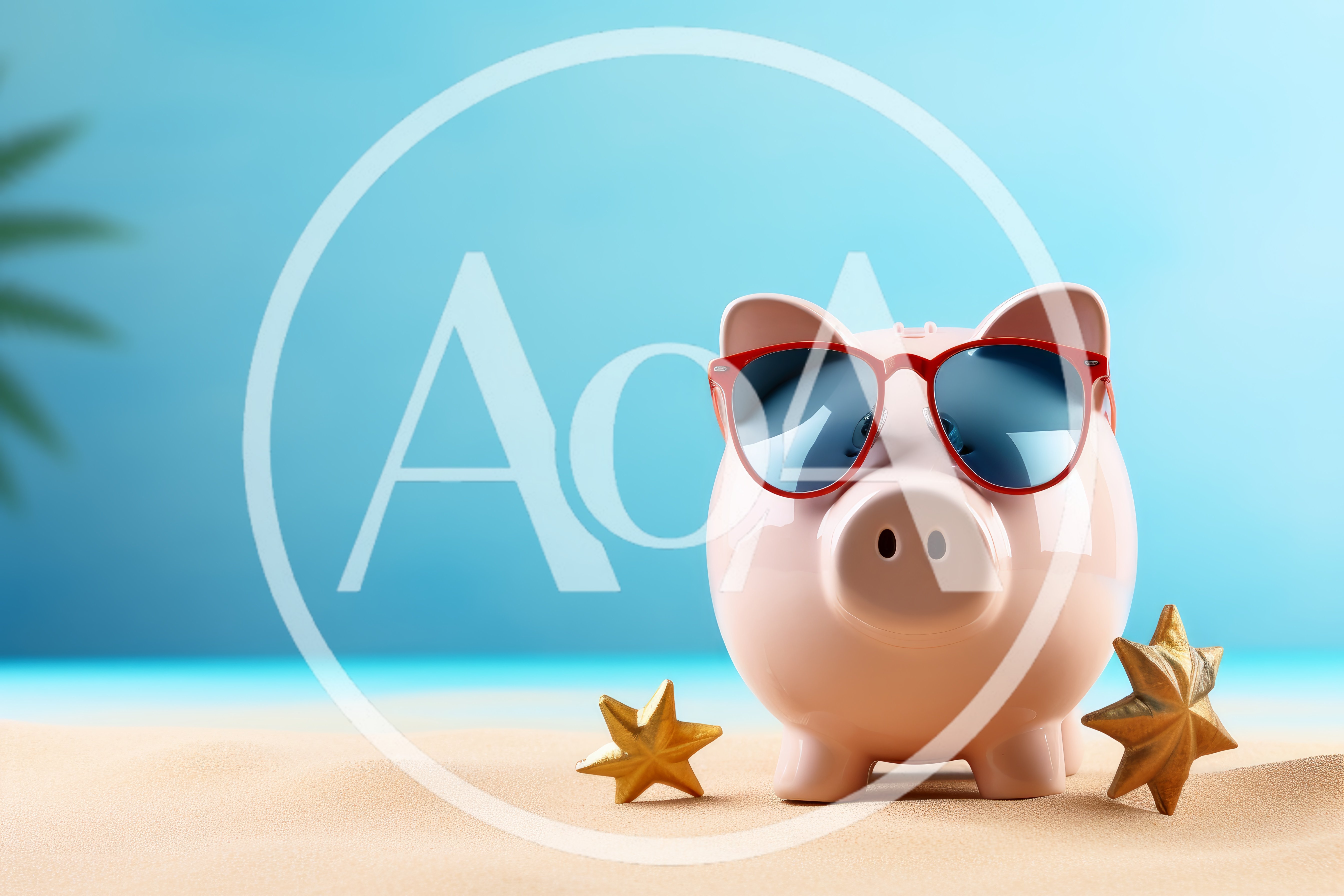 Piggy Bank Wearing Sunglasses On A Sandy Beach