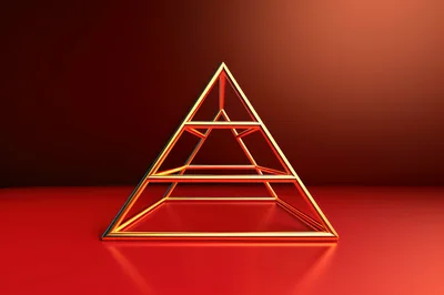 Golden Wireframe Pyramid Structure on Red Surface