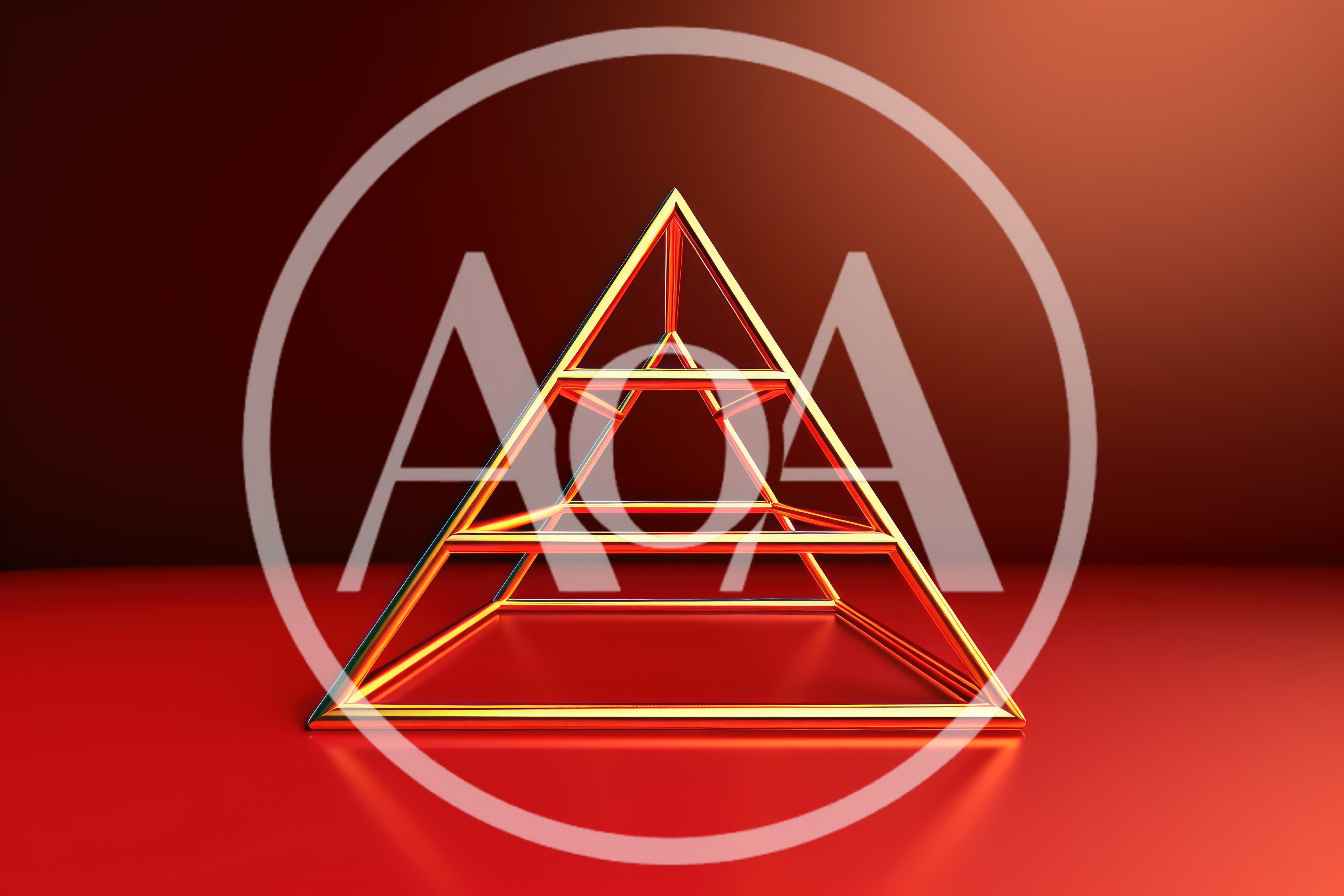Golden Wireframe Pyramid Structure on Red Surface