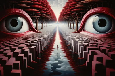 Surreal Landscape With Giant Eyes And Maze Path