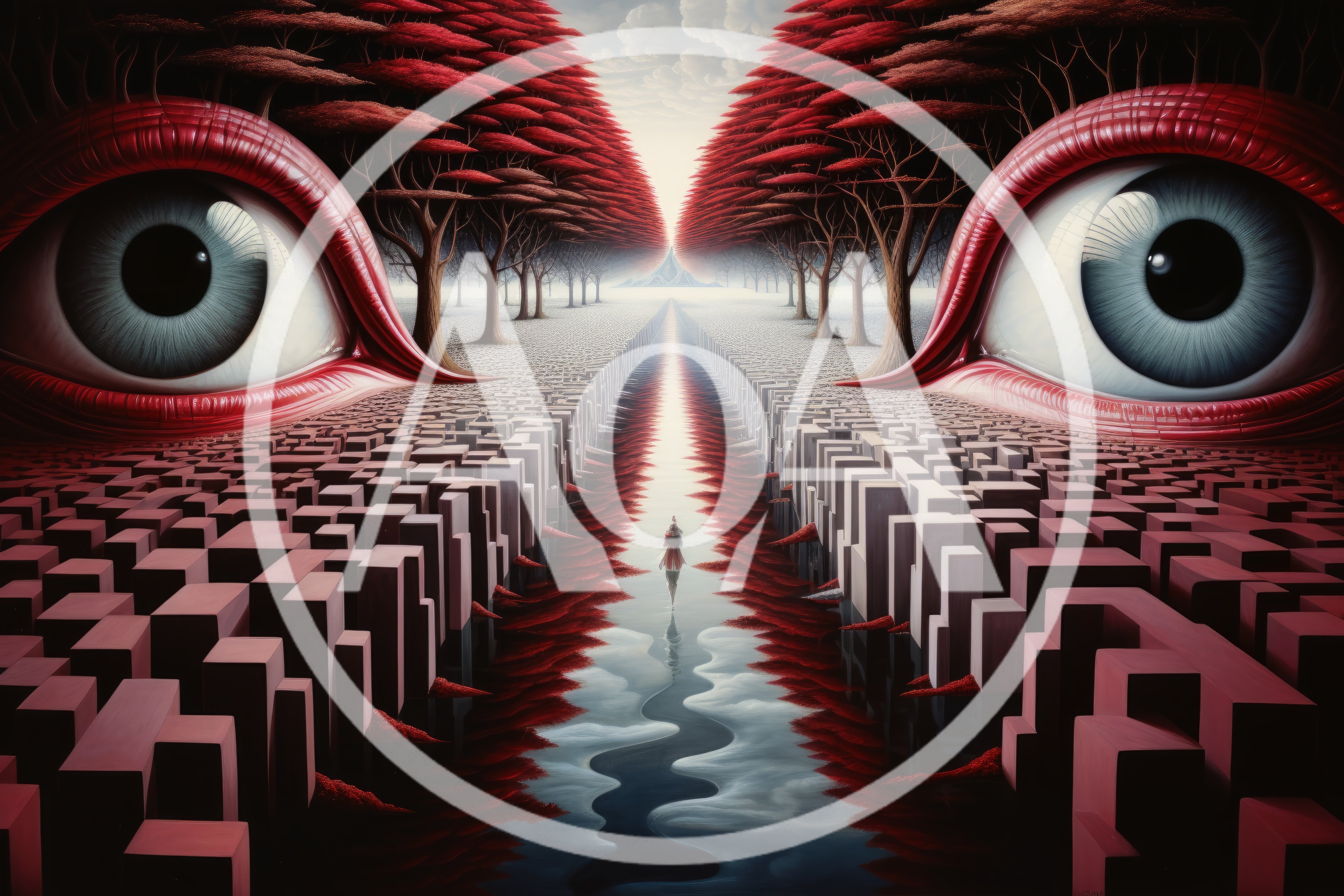 Surreal Landscape With Giant Eyes And Maze Path