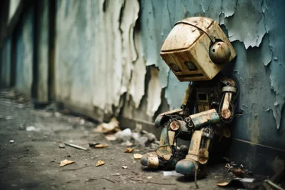 Sad Rusty Robot Sitting Against A Peeling Wall