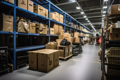 Industrial Warehouse Interior With Rows Of Storage Shelving